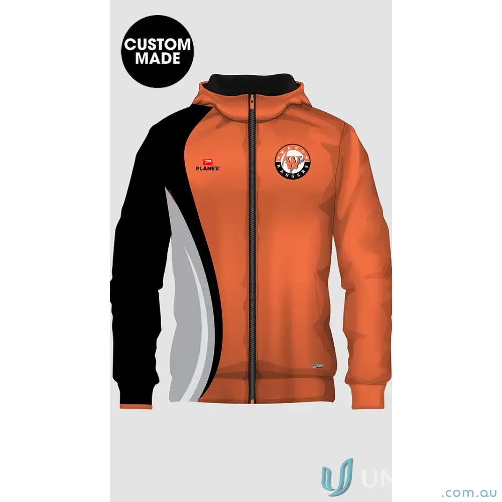 Orange and black wang rangers ladies subshell jacket hoodie made of soft polyester bonded fleece