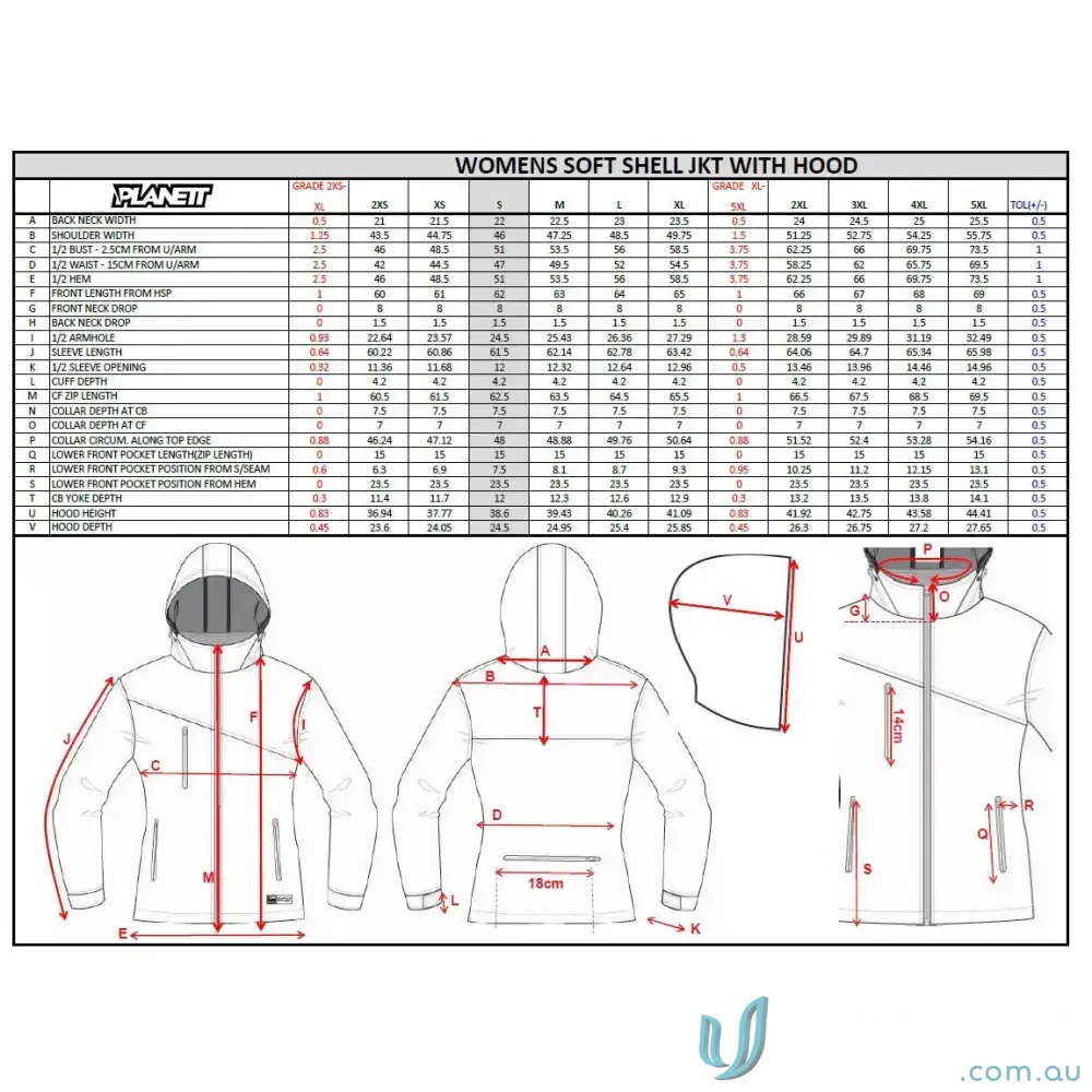 Wang Rangers Ladies Subshell Jacket size chart and diagram featuring polyester bonded fleece