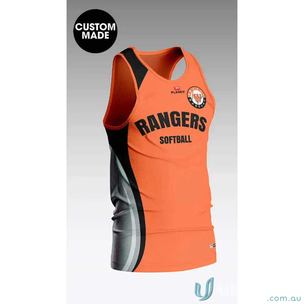 Orange and black wang rangers softball jersey made from sublimated sports fabric