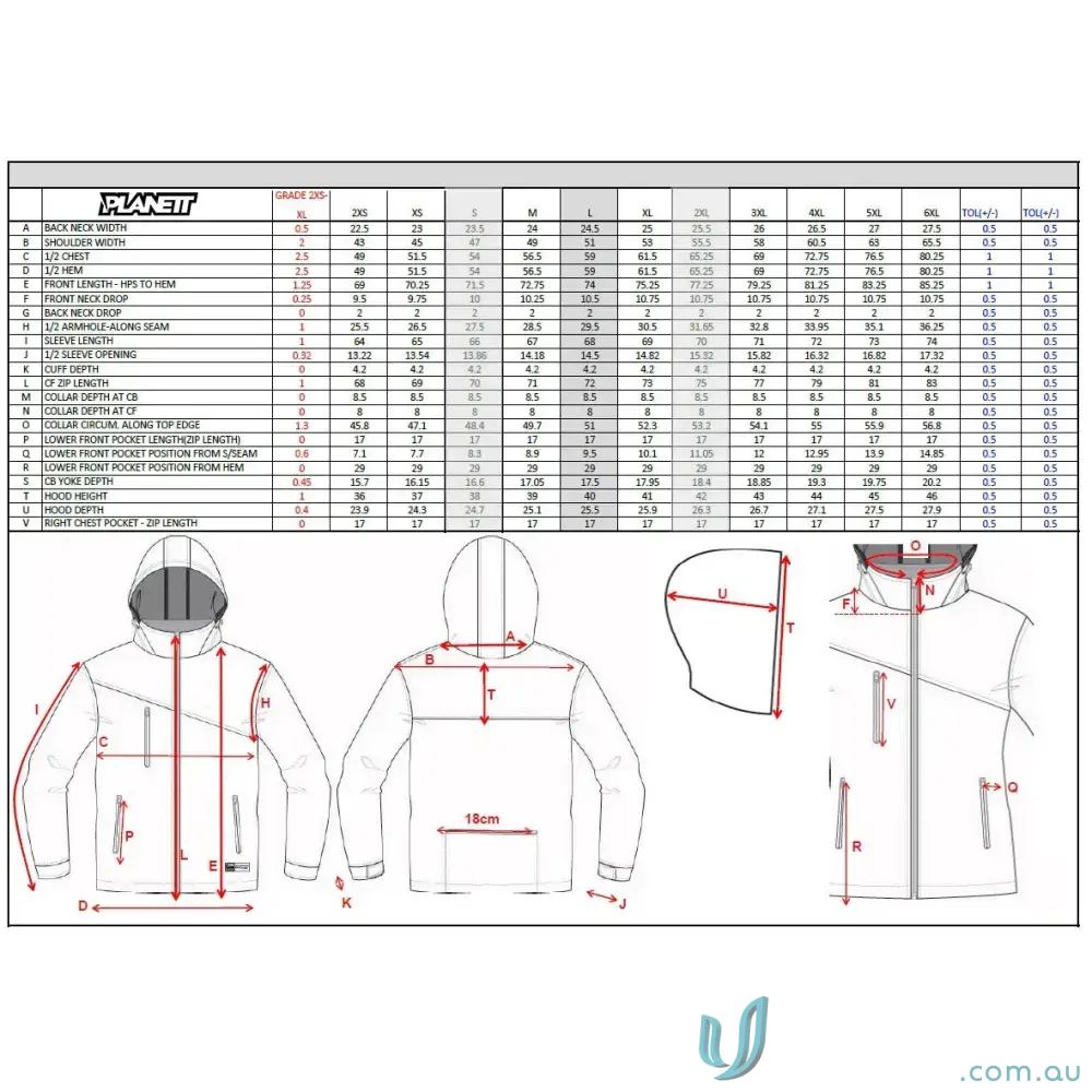 Clothing size chart with diagrams for Wang Rangers Subshell Jacket, 320gm 3-layer polyester bonded fleece
