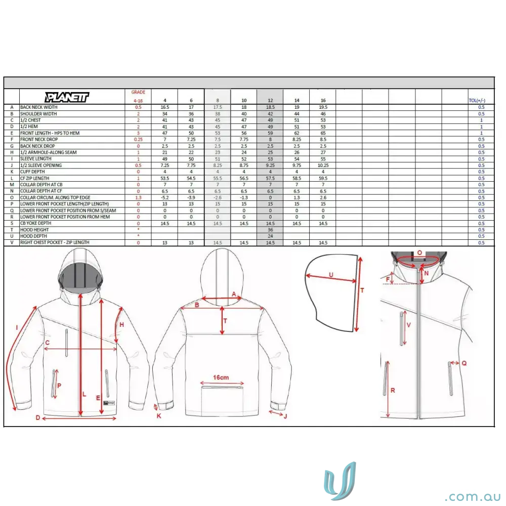 Clothing size chart with diagram for Wang Rangers Youth Subshell Jacket featuring 320gm 3-layer softshell