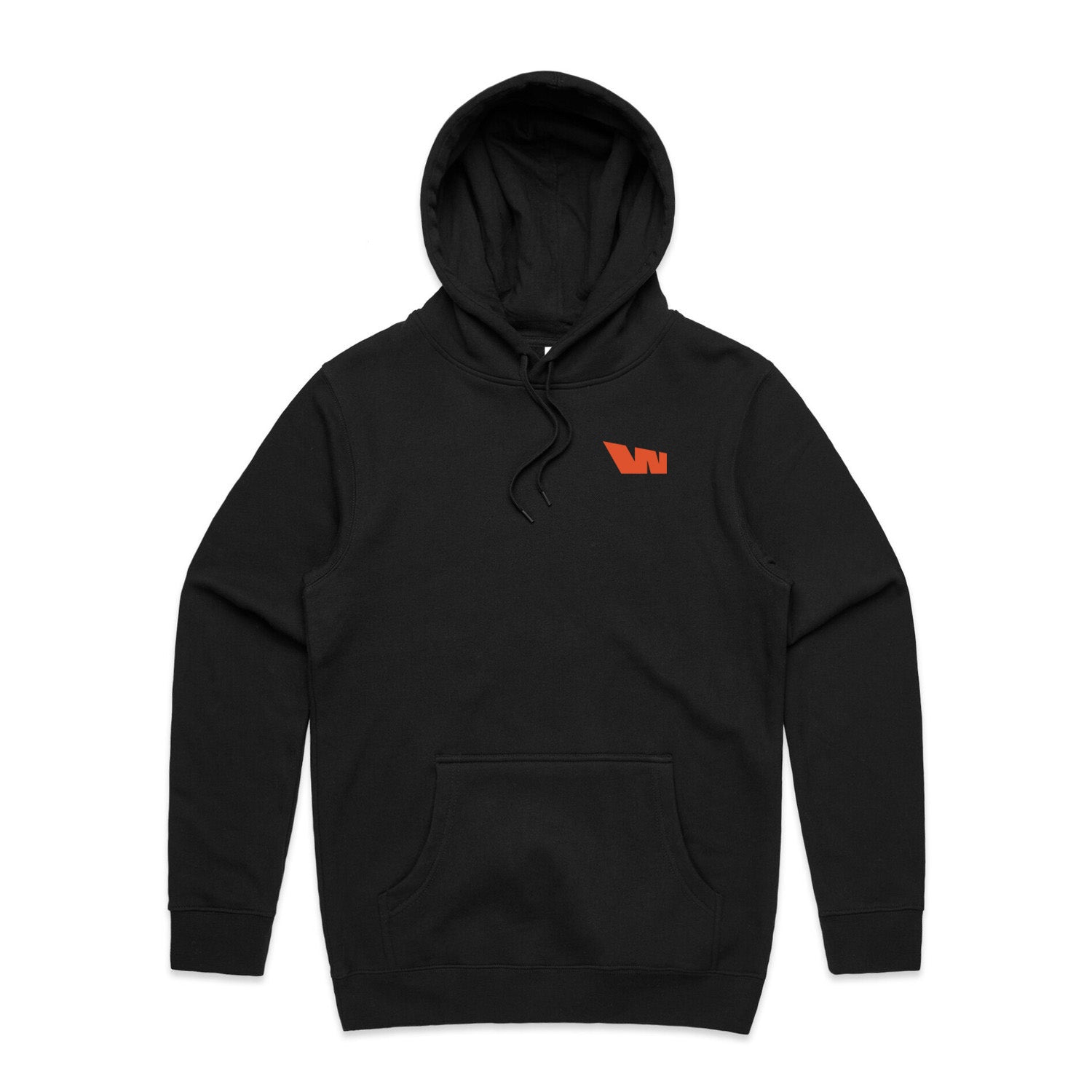 Black hooded sweatshirt with orange logo.