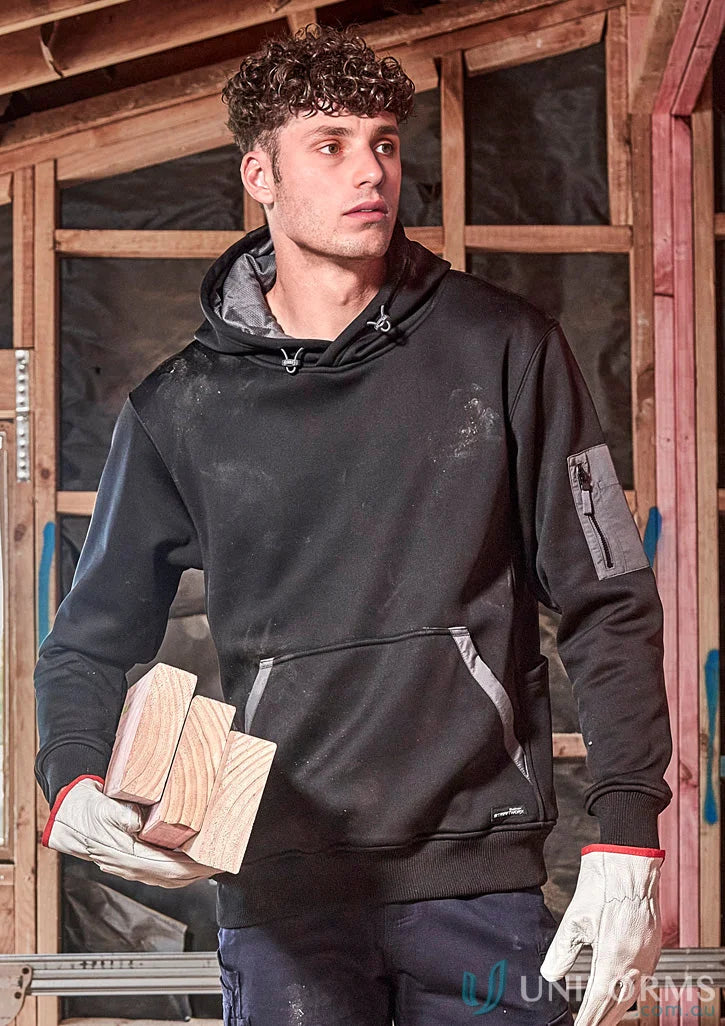 Black work hoodie made of soft fleece, unisex water resistant hoodie for outdoors