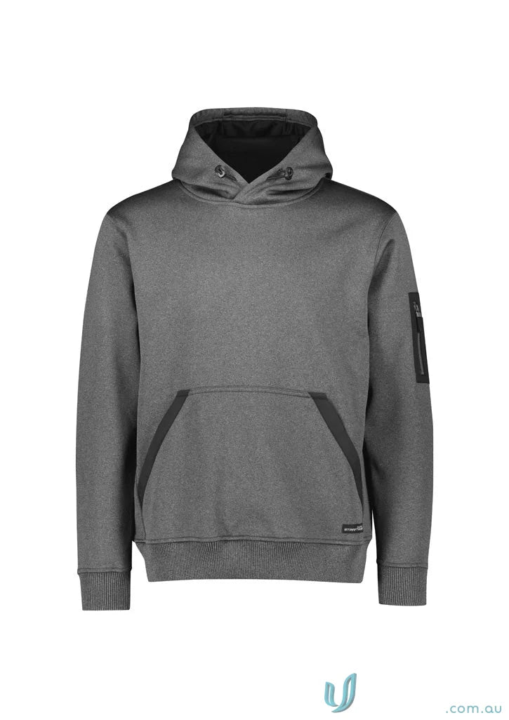 Gray hooded sweatshirt made from soft fleece, perfect as a water resistant hoodie