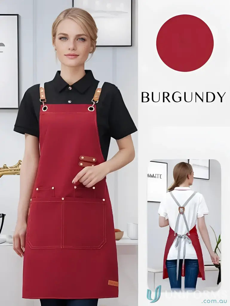 Burgundy waterproof canvas kitchen apron with adjustable straps and multiple pockets in vibrant colors