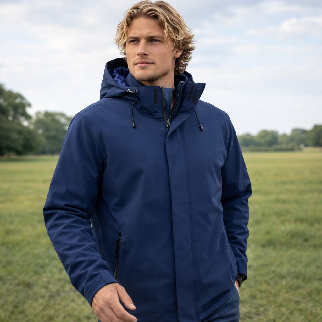 Waterproof Eclipse Jacket in navy blue with black zippers and luxury quilted lining