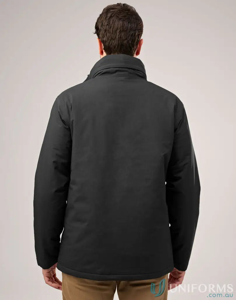 Dark waterproof quilted jacket with stand-up collar, perfect for workwear and staying dry