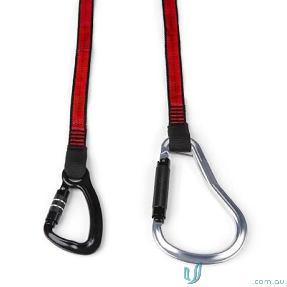 Red straps with black silver dual-action carabiners for webbing tether extra heavy-duty load rating