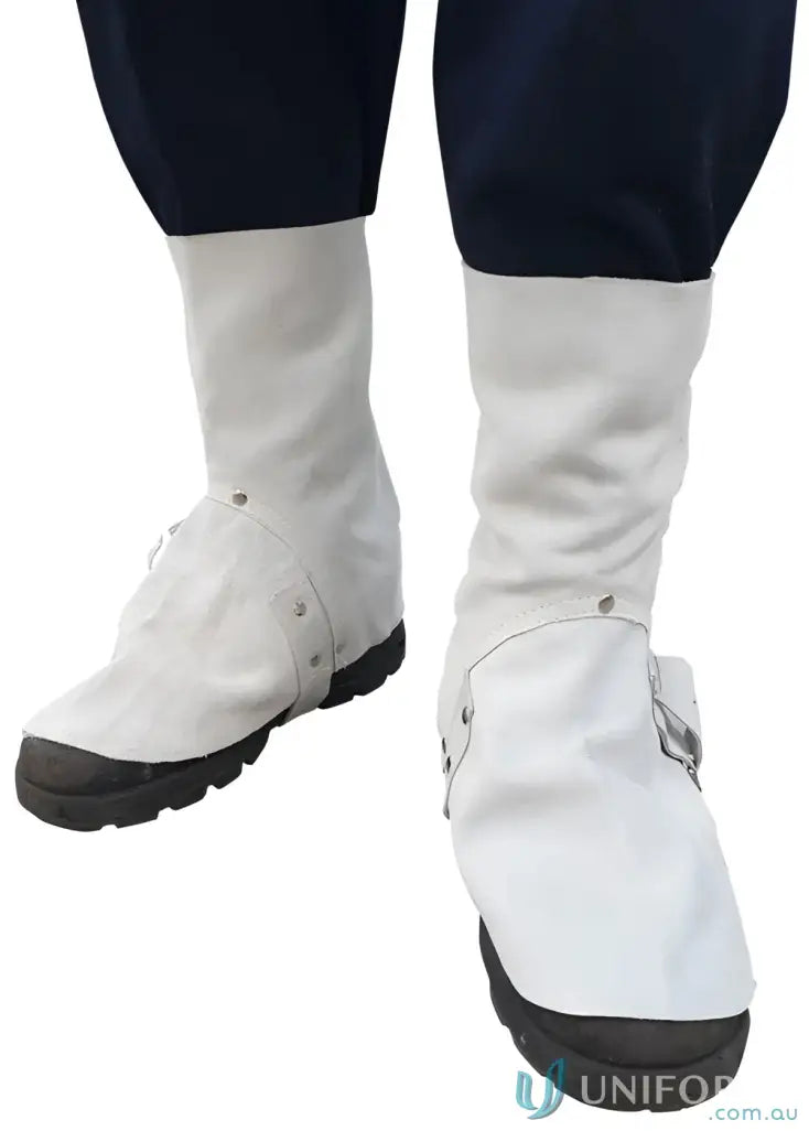 White gaiter-style boots from Welders Spats perfect for work uniforms and safety