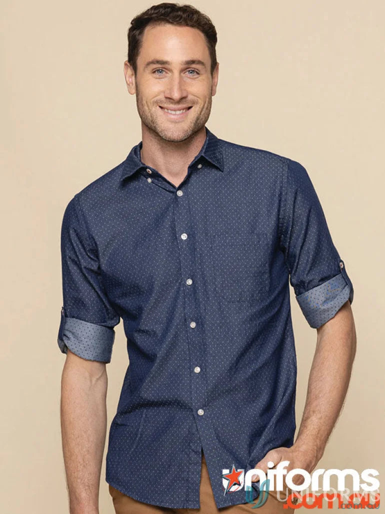 Wellington Denim Dobby LS Shirt men’s long sleeve dark blue polka dot shirt