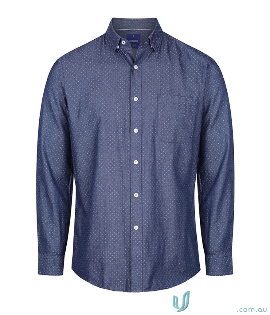 Men’s Wellington Denim Dobby LS Shirt in navy with subtle polka dots and a chest pocket