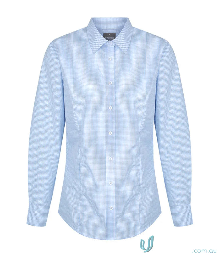 Light blue striped long sleeve Westgarth Gingham LS Shirt with easy iron silk protein fabric