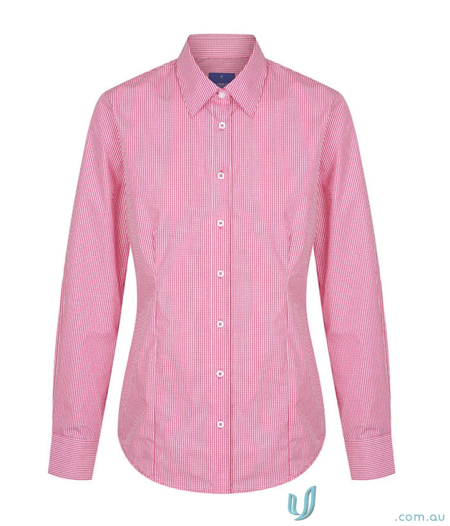 Pink and white striped long sleeve Westgarth Gingham LS Shirt made with easy iron silk protein
