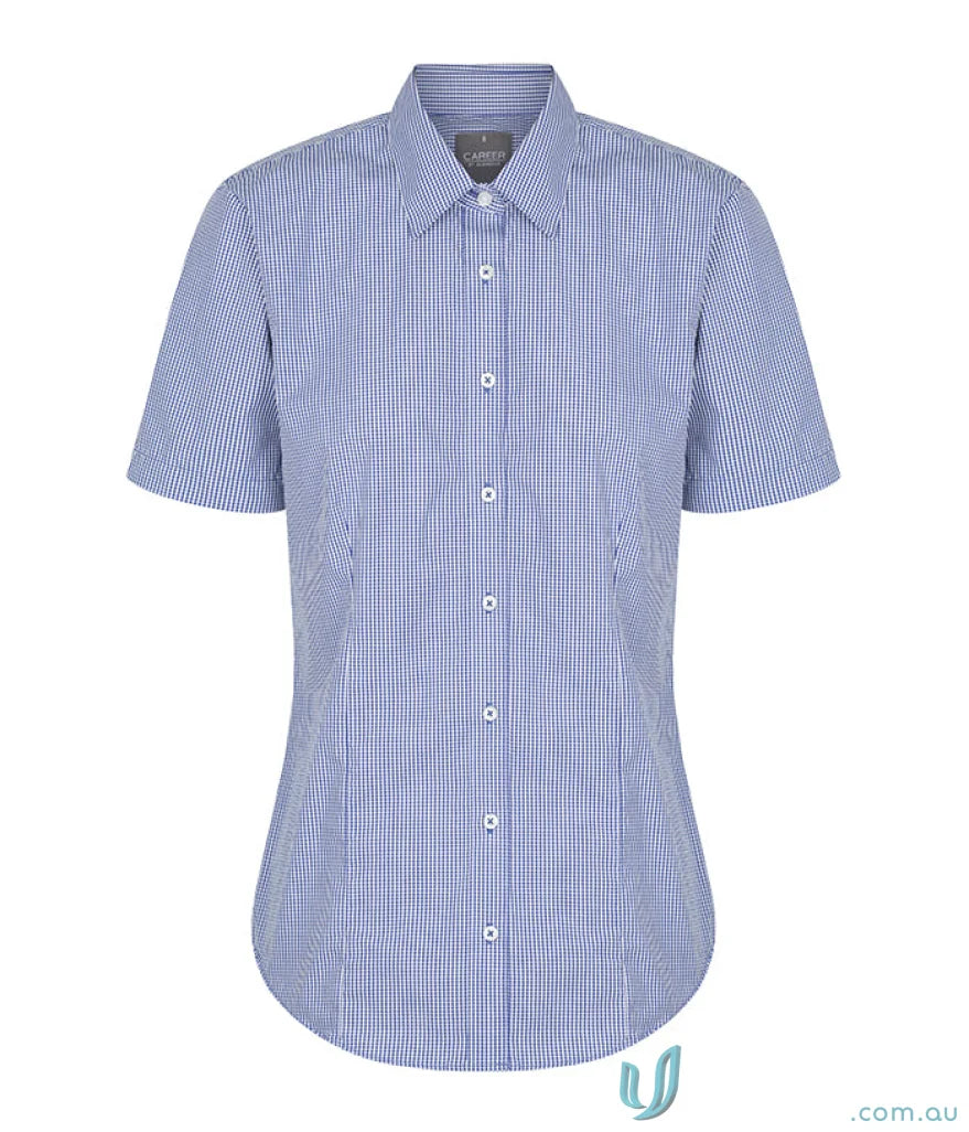 Westgarth Gingham SS Shirt with blue and white checkered short sleeve and easy iron silk protein
