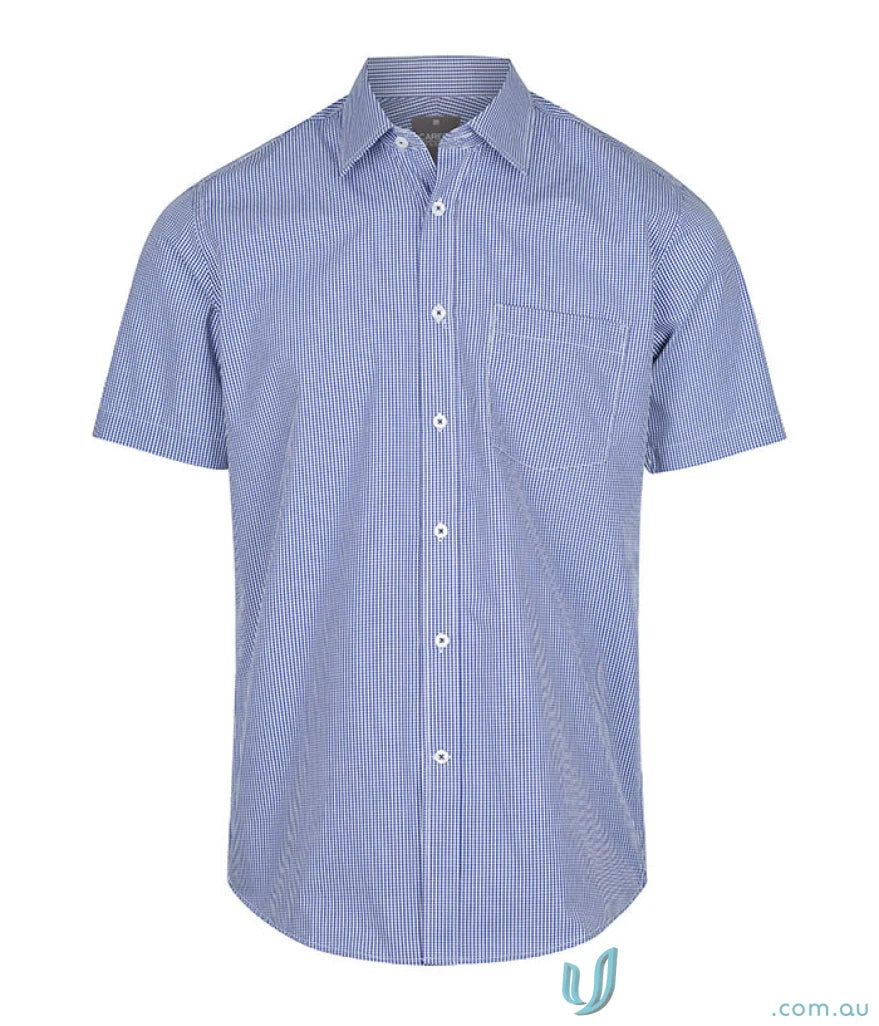 Westgarth 1637s gingham SS shirt in blue and white with silk protein finish