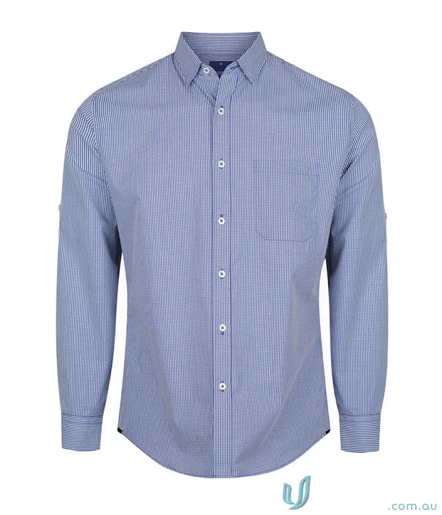 Blue striped slim fit long sleeve shirt made from silk protein fabric in WESTGARTH collection