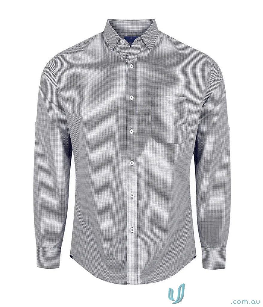 Gray striped slim fit long sleeve shirt made with silk protein from WESTGARTH