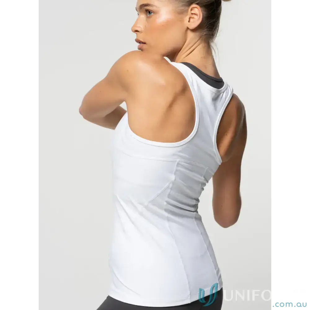 White Racer Crop with mesh sides, active racer crop style, and 4-way stretch fabric