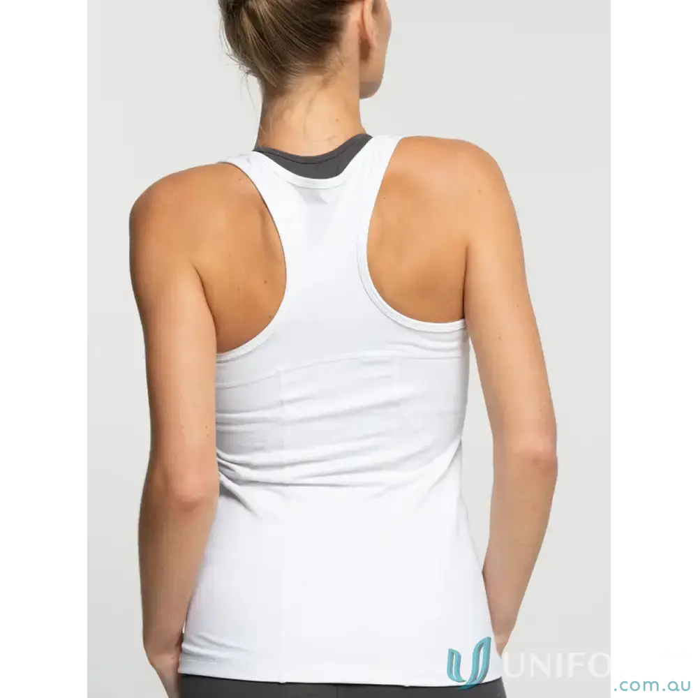 White Racer Crop with removable padded cups and 4-way stretch fabric for active wear