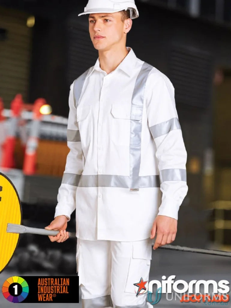 Young man modeling white safety shirt with scotchlite™ reflective tapes and cargo pants