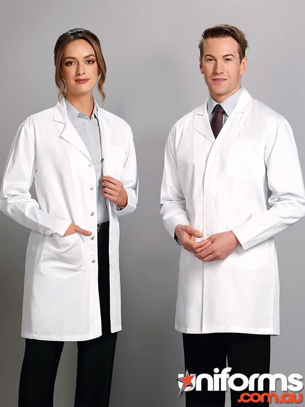 Two people in white adult lab coats with concealed stud buttons and two lower pockets