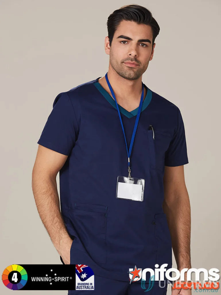 Navy blue Winning Spirit Adult VNeck Contrast Trim Scrub Top for healthcare pros
