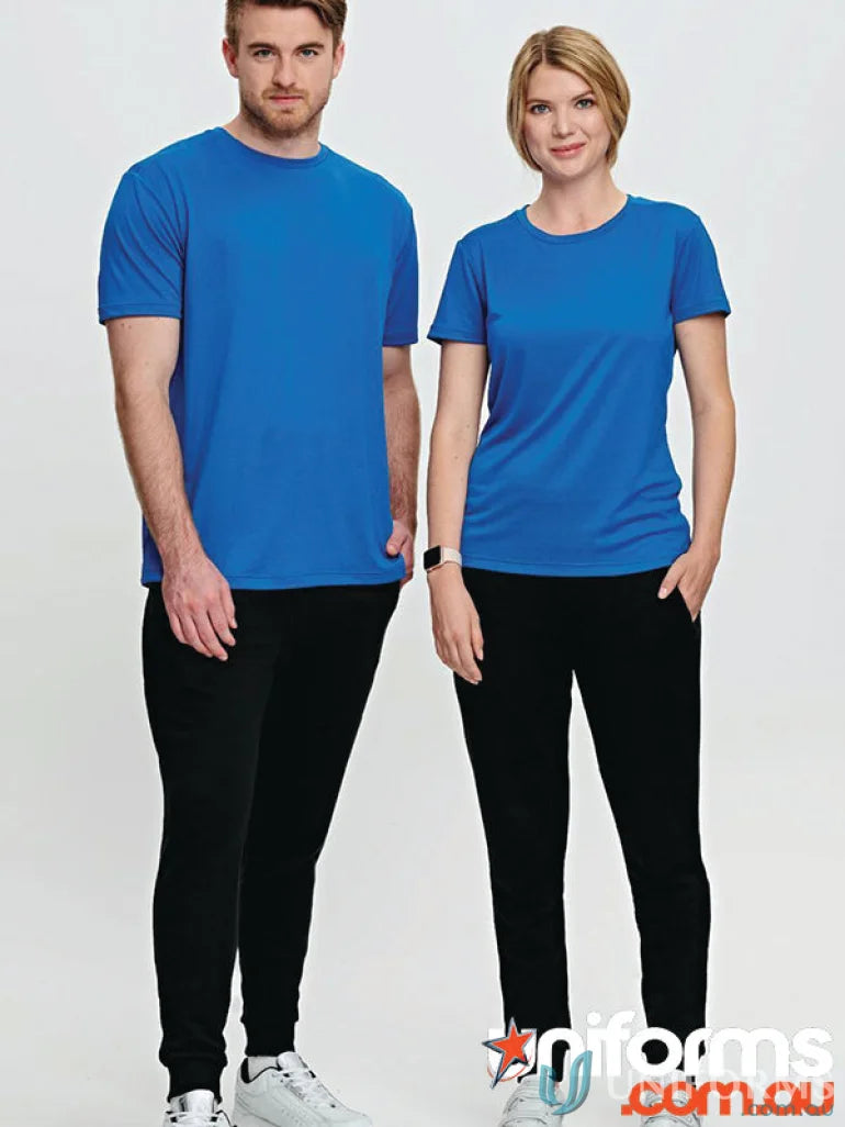 Matching blue T-shirts and black pants from Winning Spirit Adults French Terry Track Pants collection