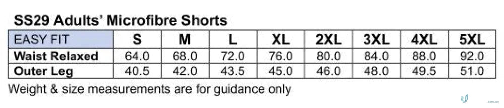 Size chart for Winning Spirit Adults SS29 Microfibre Shorts with waist and leg sizes