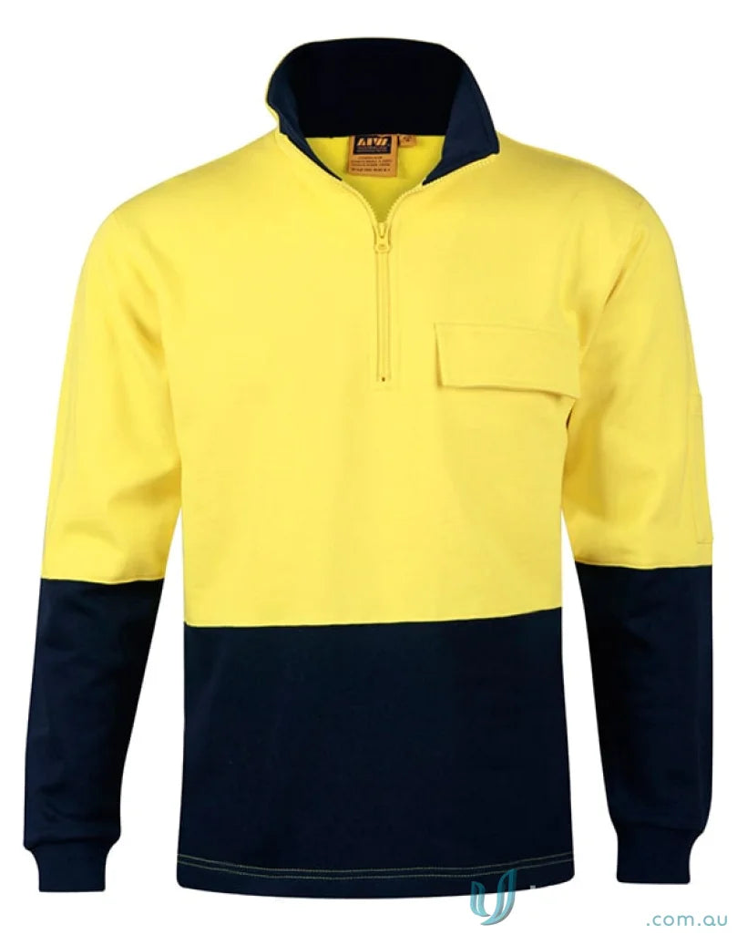 Yellow and navy blue long-sleeved winning spirit cotton fleecy sweat Hivis jumper shirt
