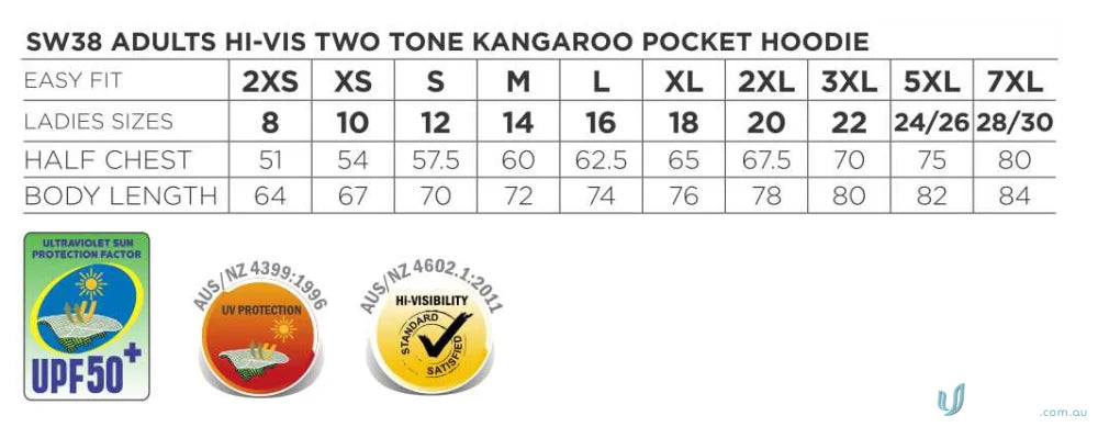 Winning Spirit Hi-Vis Two-Tone Fleecy Hoodie size chart with measurements and safety certs
