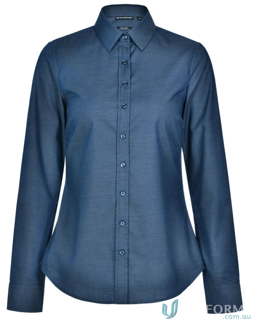 Blue long-sleeve dot jacquard stretch ascot ladies long shirt for stylish look