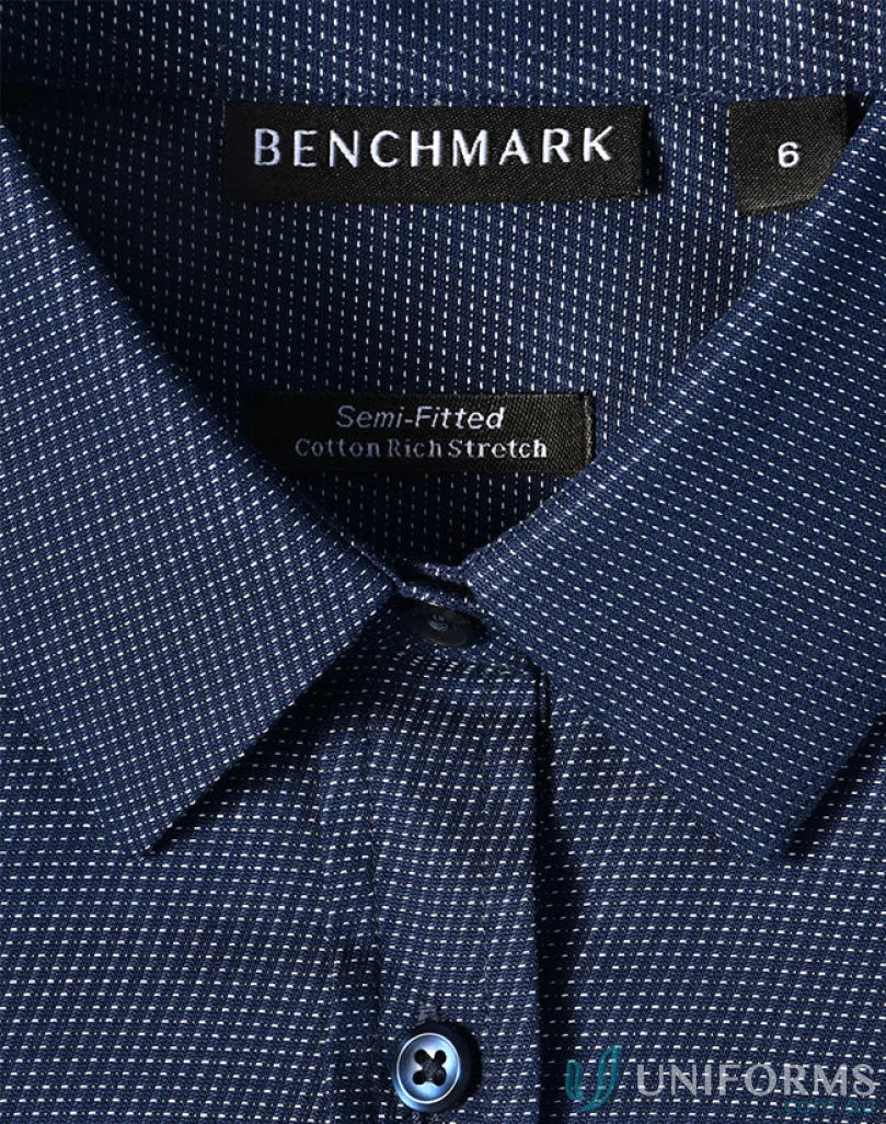 Blue patterned ascot ladies long sleeve dot jacquard stretch shirt for women