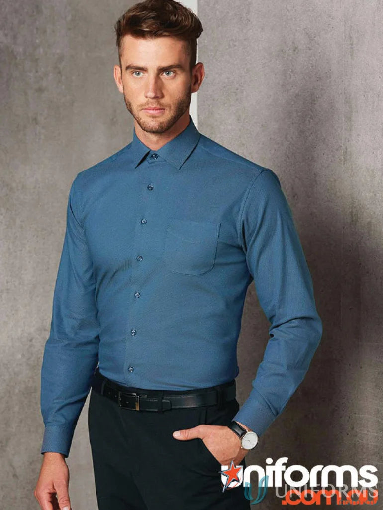 Blue jacquard stretch shirt with long sleeves for men, perfect for ascot look