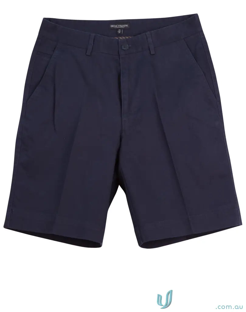 Men’s navy blue spirit chino shorts with pleats for all-day comfort and style