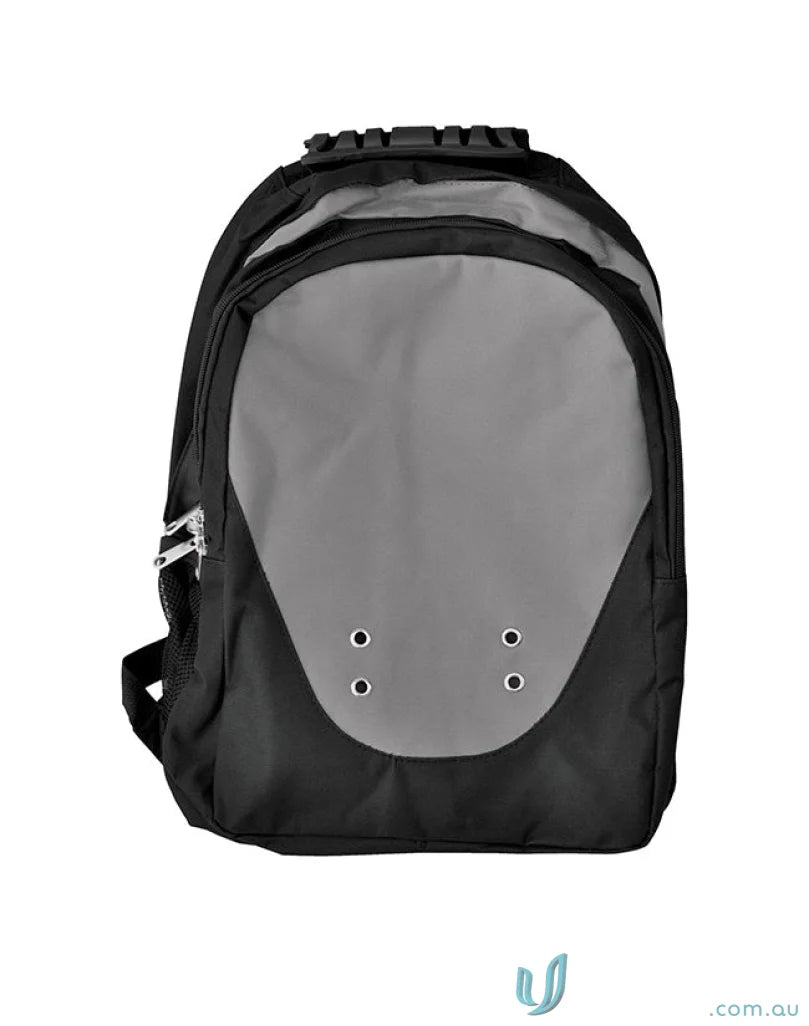 Black and gray Winning Spirit Climber backpack with large main compartment and metal eyelets