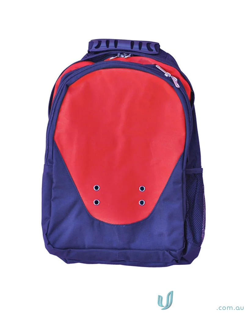 Red and navy blue Winning Spirit Climber Backpack with large main compartment and ventilation holes