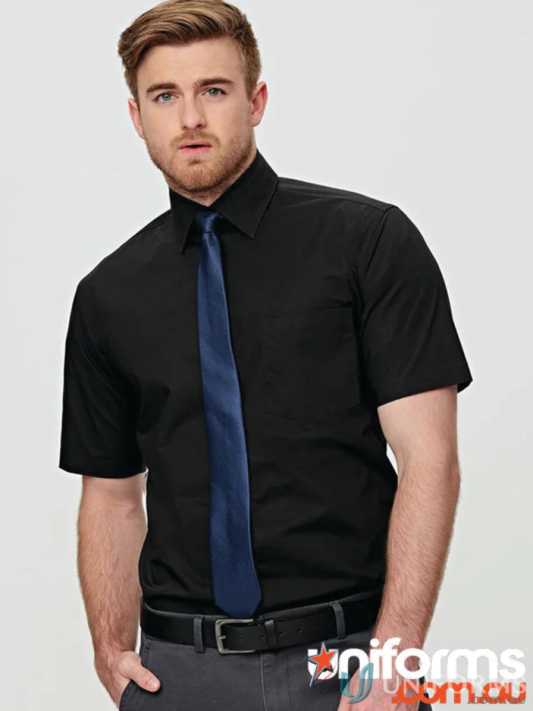 Man in black stretch short sleeve cotton poly shirt with blue tie for stylish look