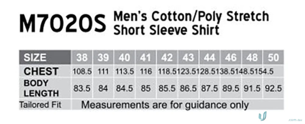 Men’s shirt size chart for Winning Spirit Cotton Poly Stretch Short Sleeve Shirt