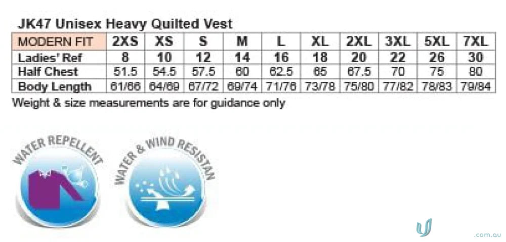 Clothing size chart for Winning Spirit Everest Vest by JK47 Everest in pongee shell vest style