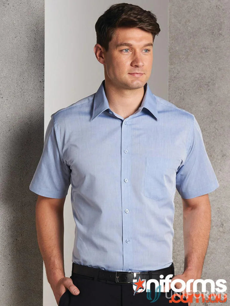 Light blue men’s fine chambray short sleeve shirt from Winning Spirit Fine Chambray collection