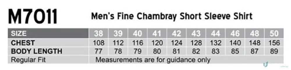Men’s fine chambray short sleeve shirt size chart for Winning Spirit Chambray Shirt