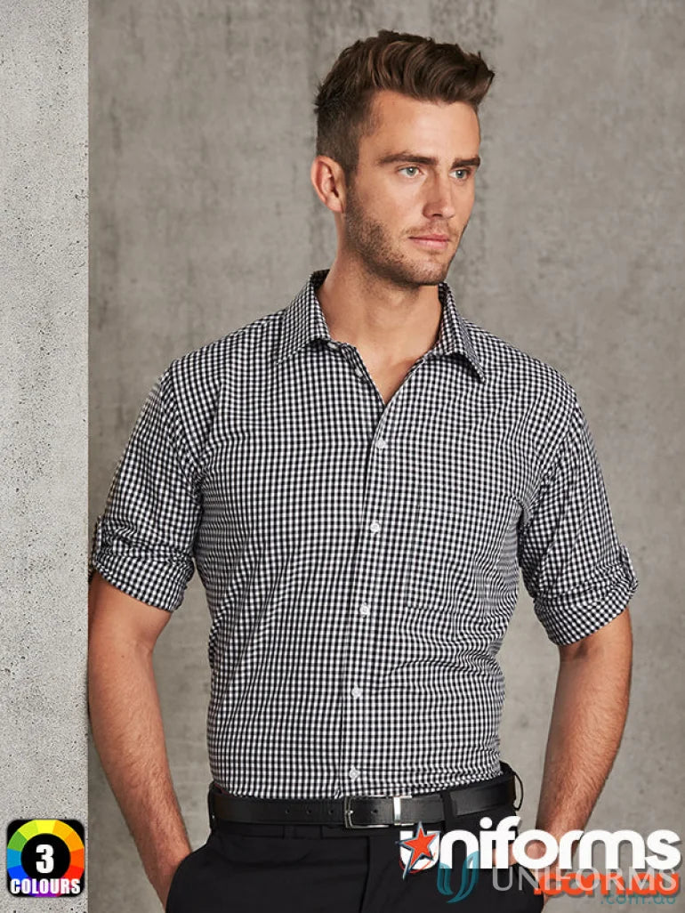 Man in black and white check men’s gingham check Winning Spirit Gingham Roll Up LS Shirt