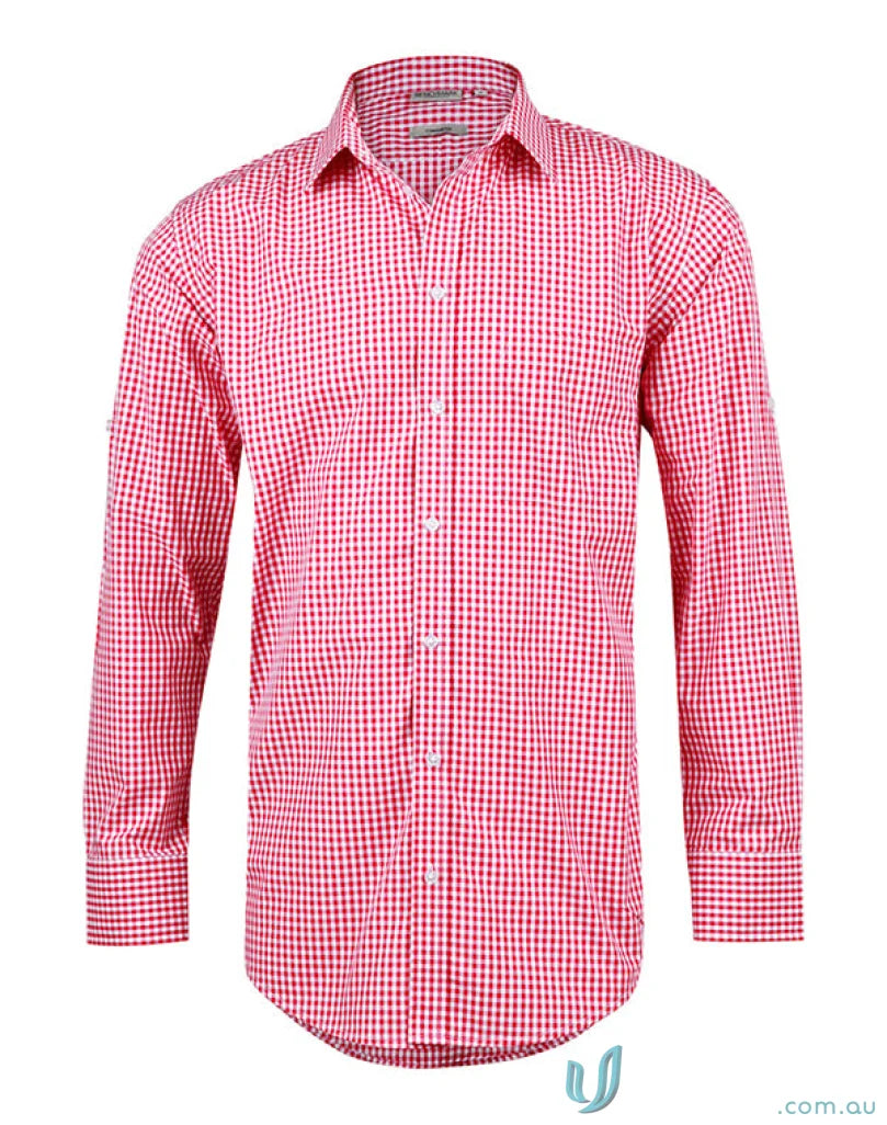 Men’s gingham check Red and white long-sleeved shirt from Winning Spirit Gingham Roll, comfy workwear