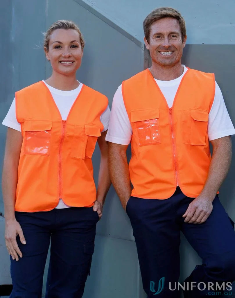 Two people wearing Winning Spirit SW41 Hi-Vis Safety Vests with multiple chest pockets