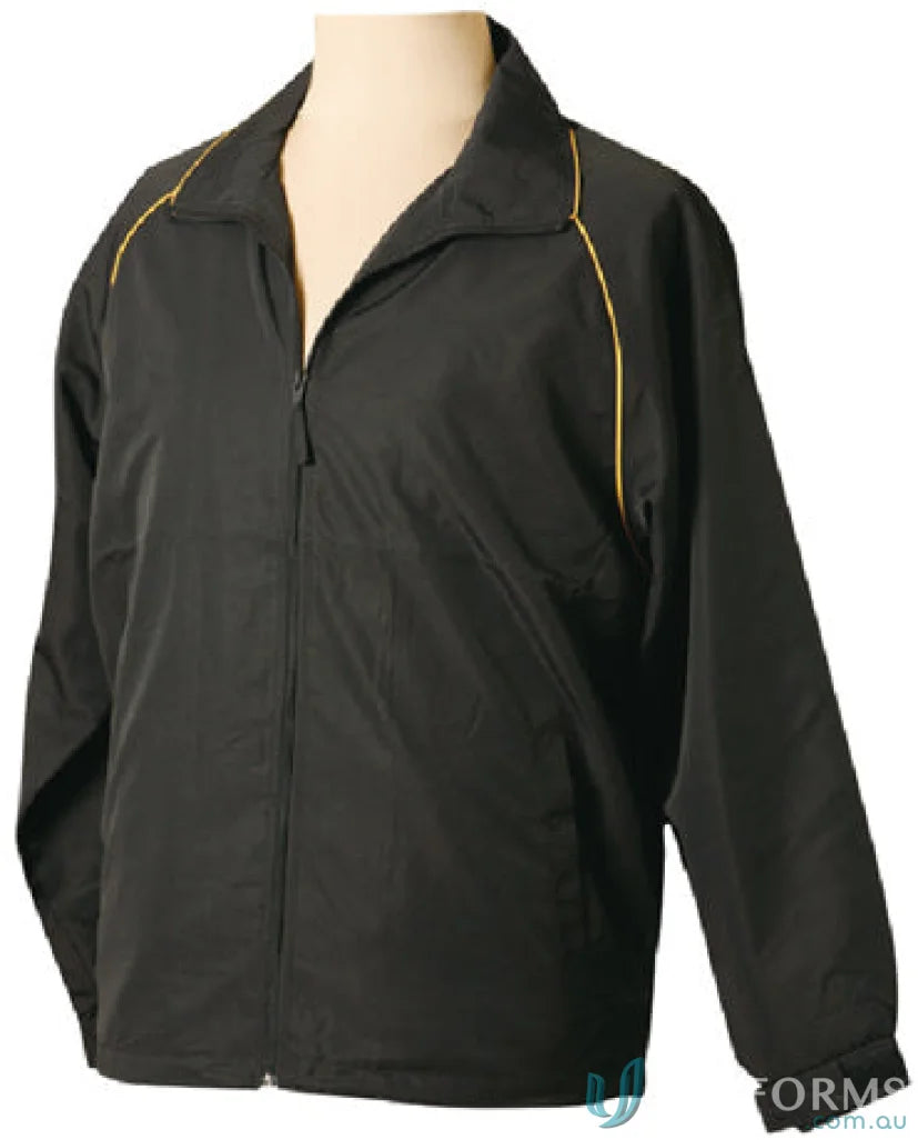 Black zip-up jacket with gold trim from Winning Spirit Kids Champion Track Jacket line
