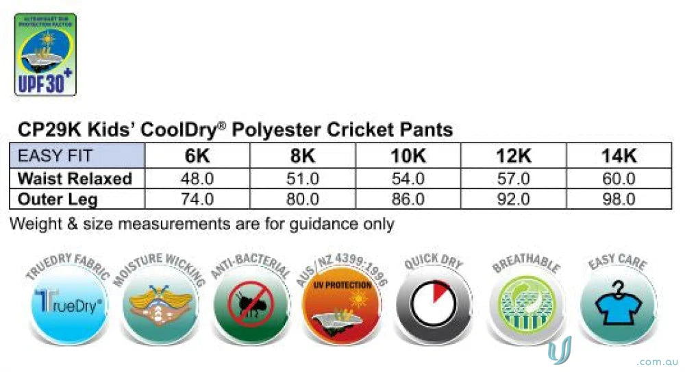 Kids cooldry cricket pants size chart for Winning Spirit Kids Cooldry Cricket Pants