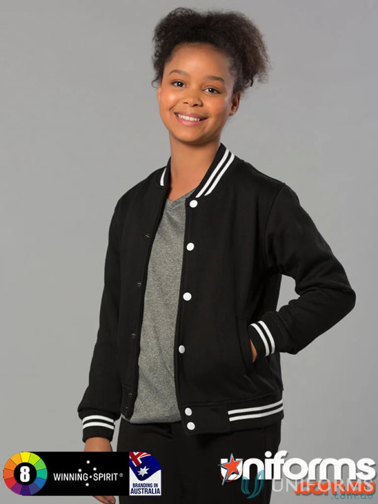 Kids fleece varsity jacket with black body and white stripe details for Winning Spirit Kids