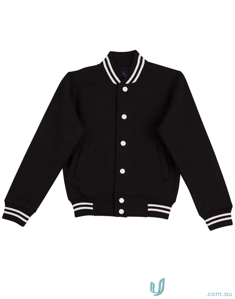 Kids fleece varsity jacket with black and white trim for style and comfort