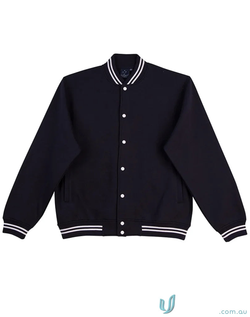 Black fleece varsity jacket with white trim from Winning Spirit Kids Fleece Varsity series