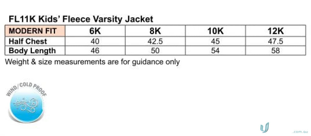Sizing chart for Winning Spirit Kids Fleece Varsity Jacket kids fleece varsity jacket